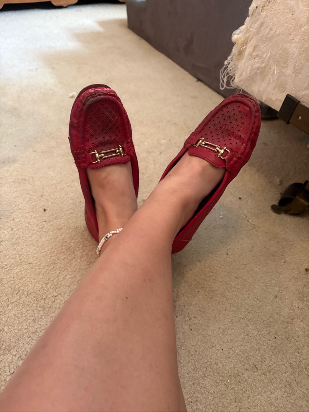Women's Red Suede Driving Loafers with Gold Bit- Fair condition